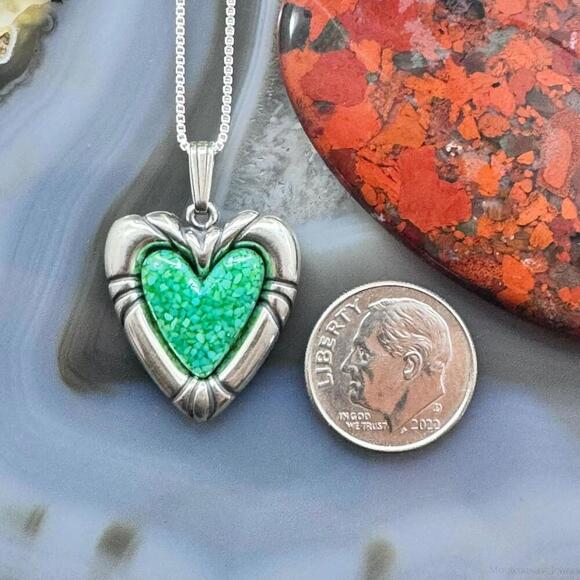 Carolyn Pollack Sterling Heart Green Turquoise Chip Inlay Pendant W/18" Necklace - Picture 8 of 10